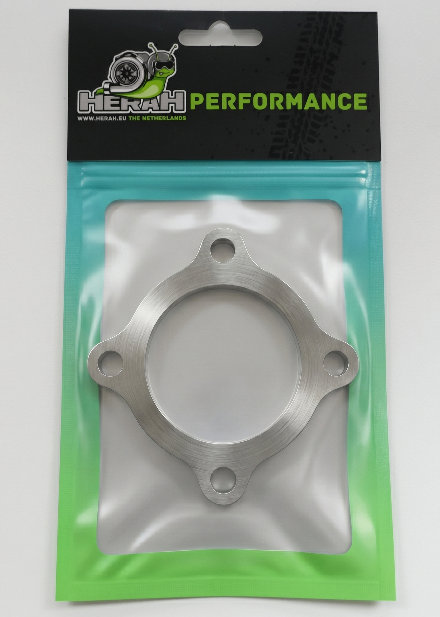 Turbo flange on a Herah Performance packaging with a clear window