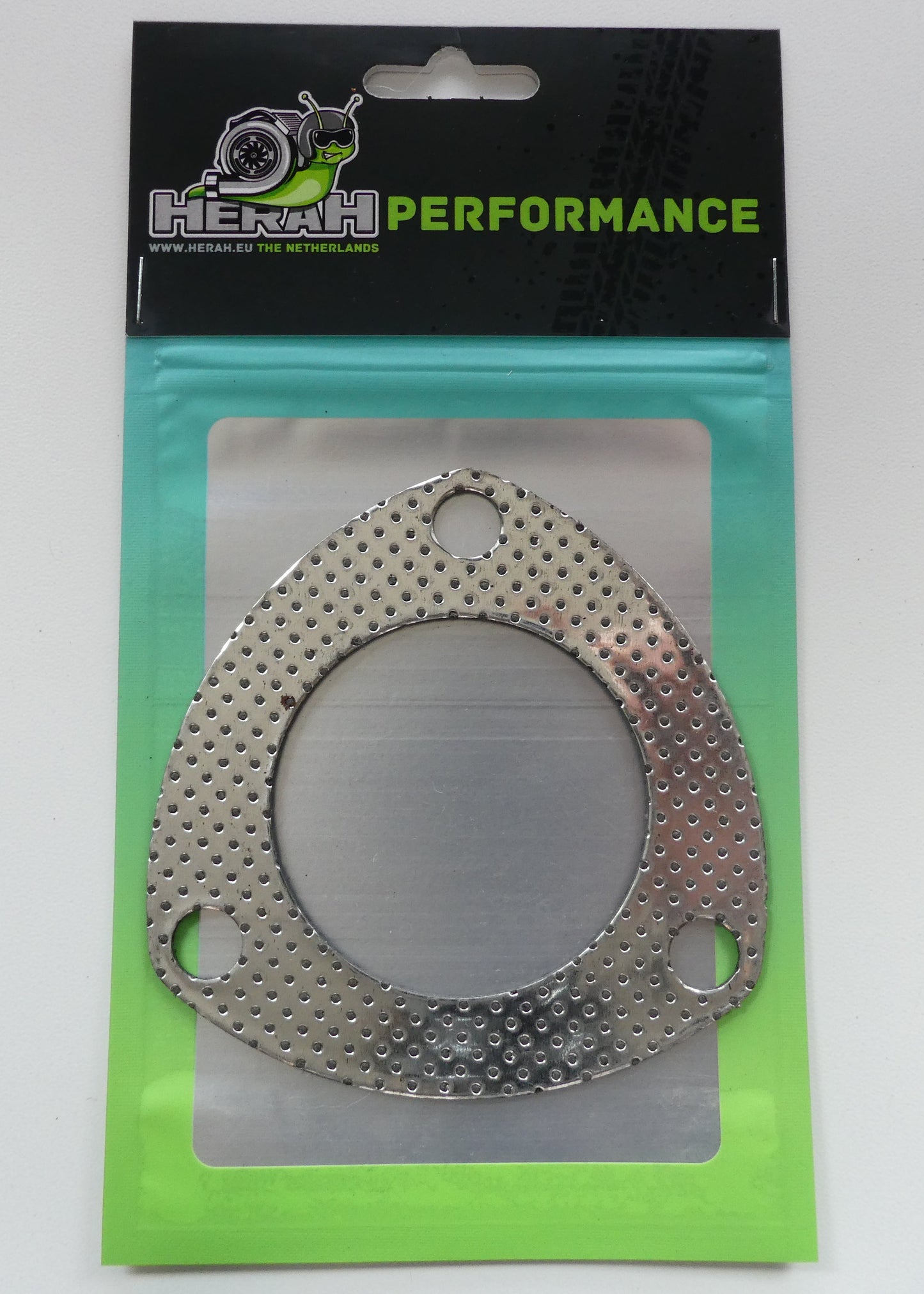 Metallic gasket on a Herah Performance branded package with a green gradient.