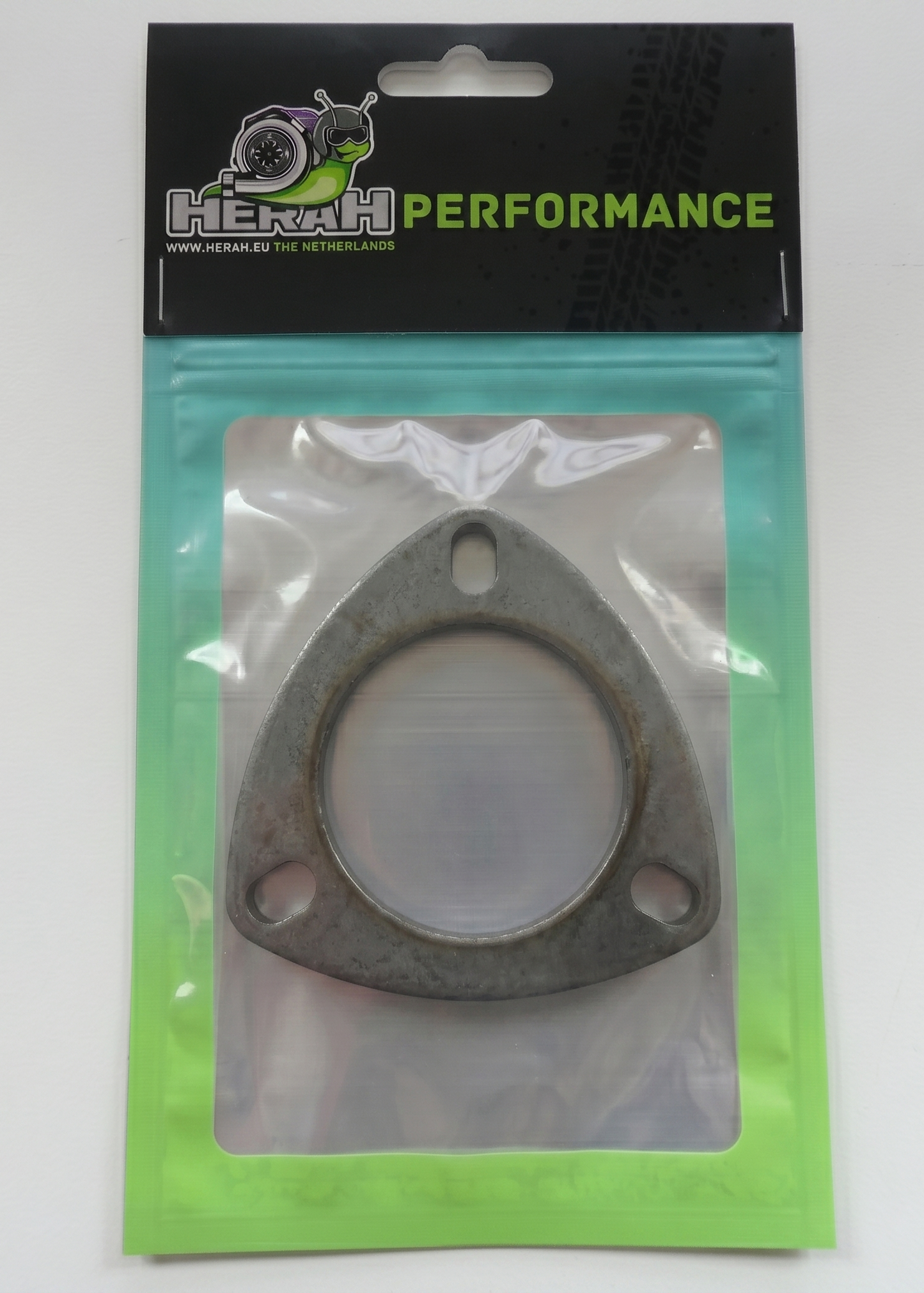 Turbo flange on a Herah Performance packaging with a clear window