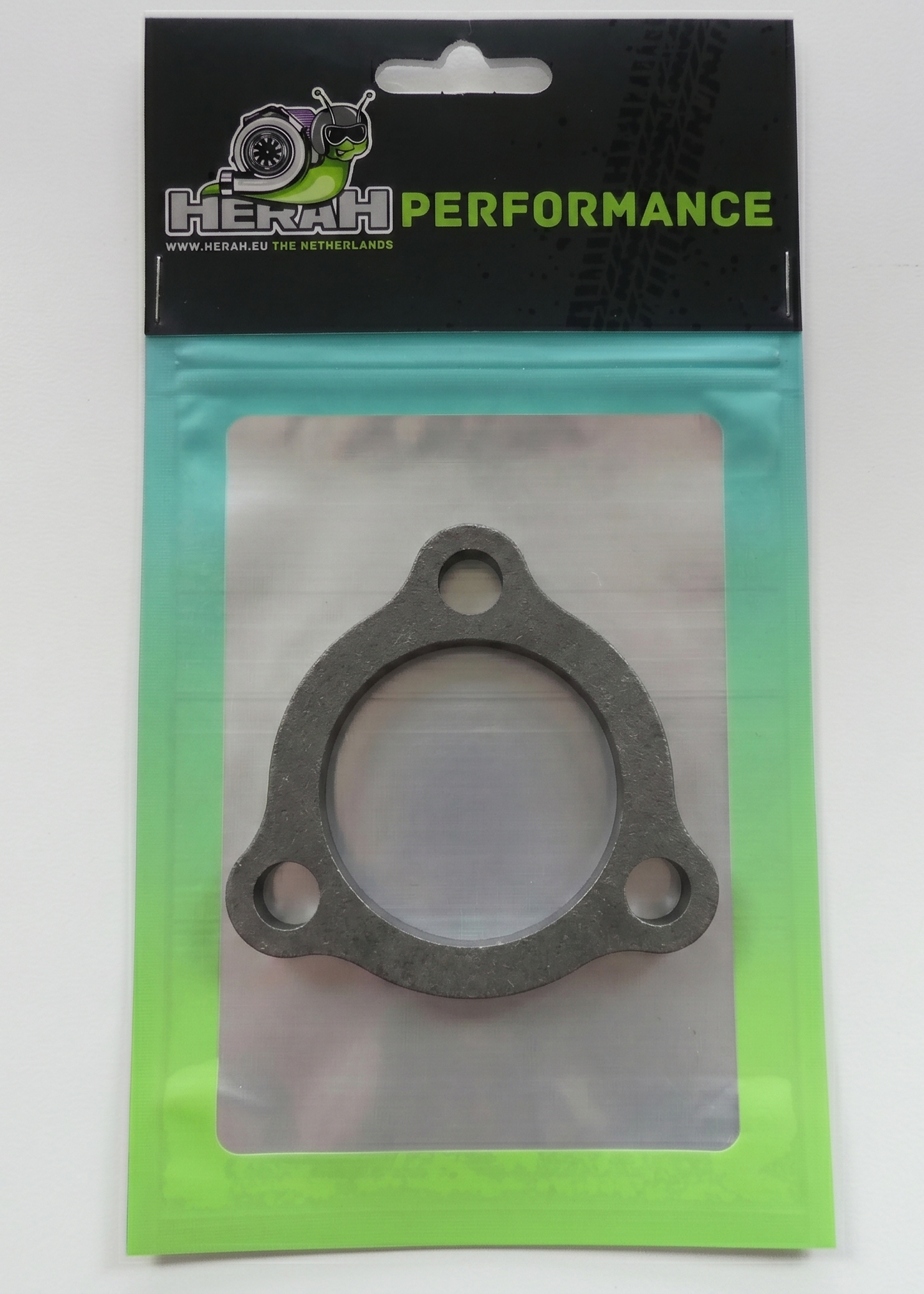 Turbo flange on a Herah Performance packaging with a clear window