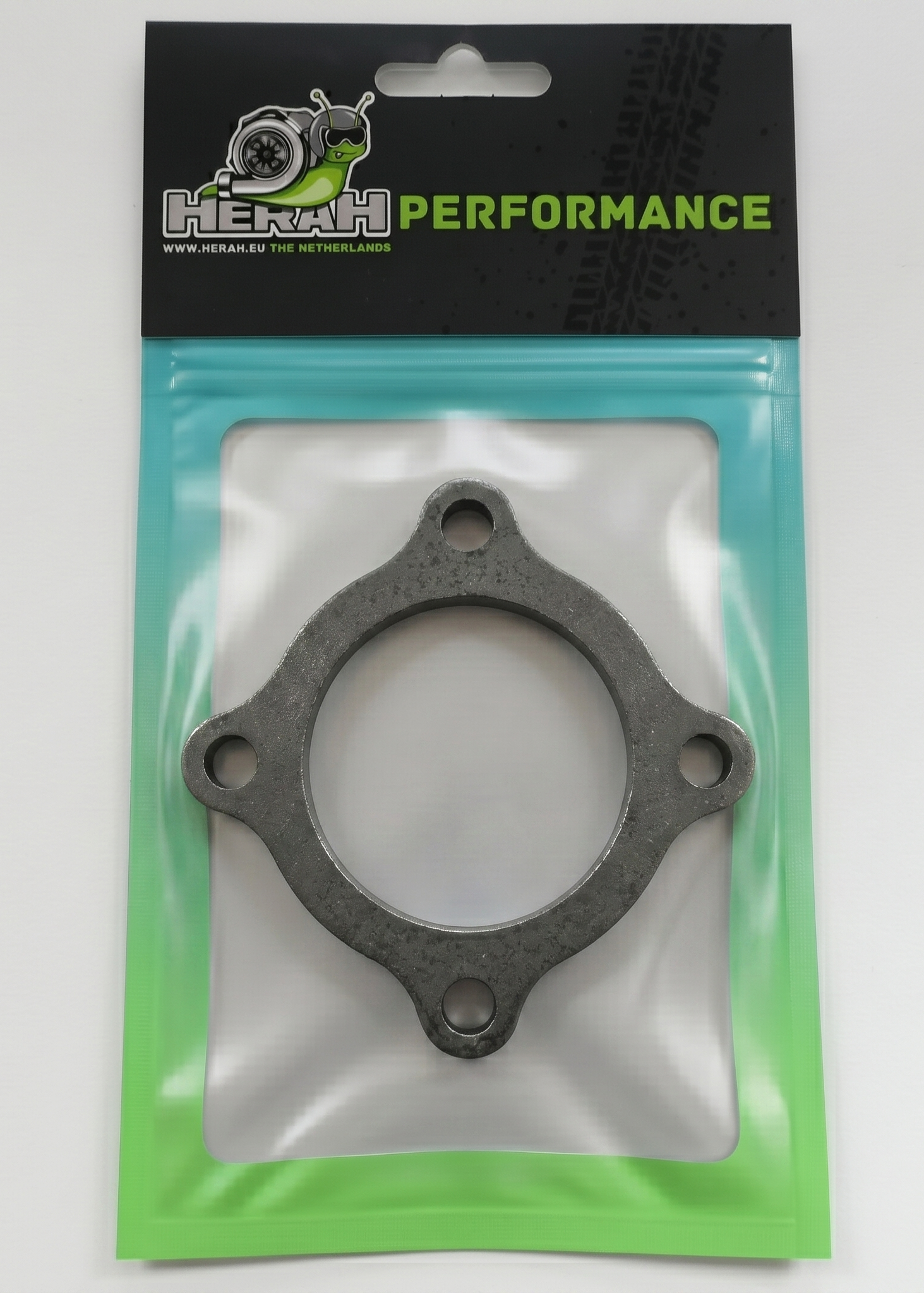 Turbo flange on a Herah Performance packaging with a clear window