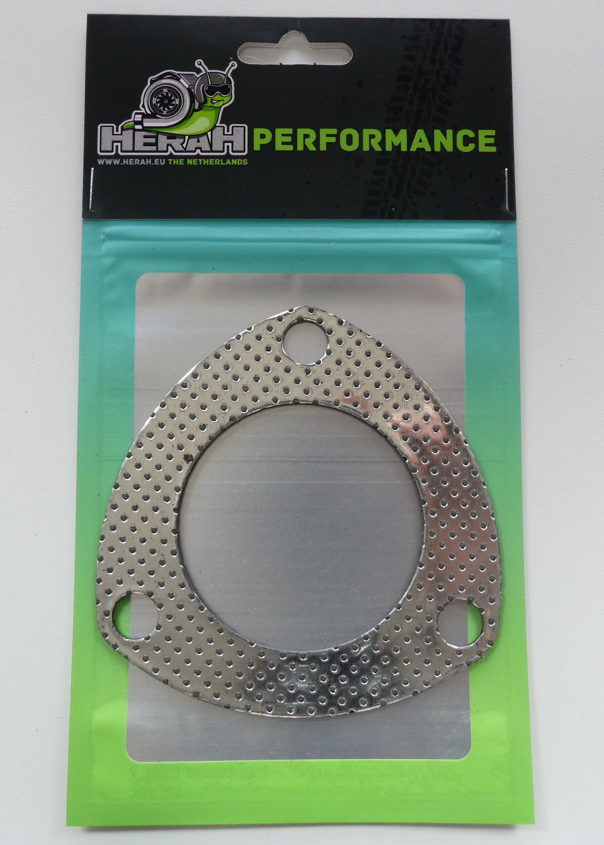Metallic gasket on a Herah Performance branded package with a green gradient.