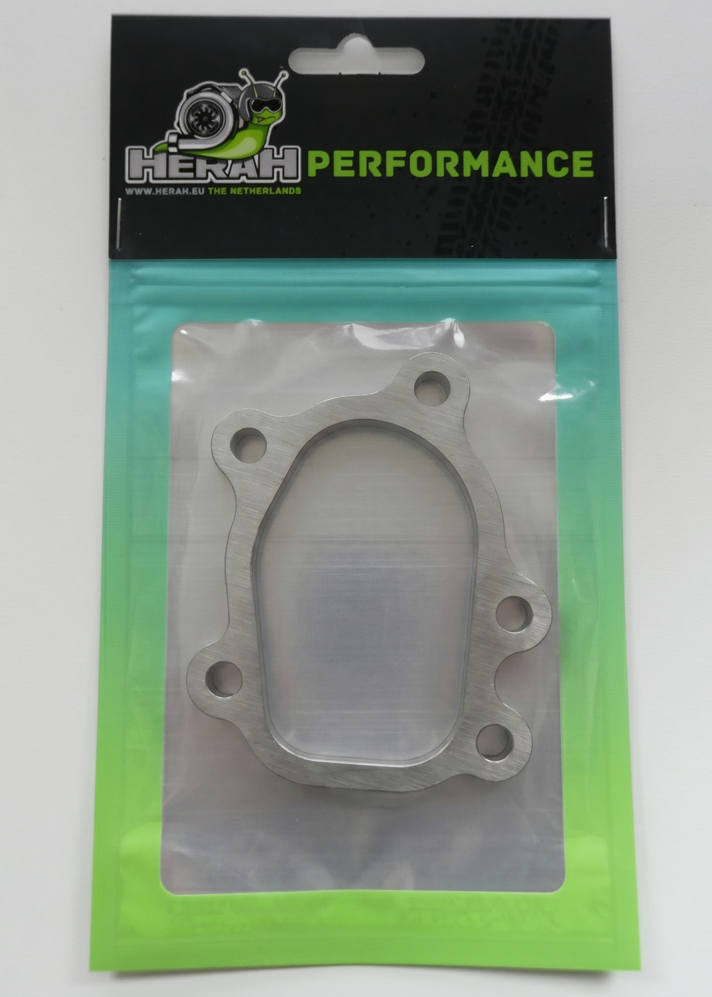 Turbo flange on a Herah Performance packaging with a clear window