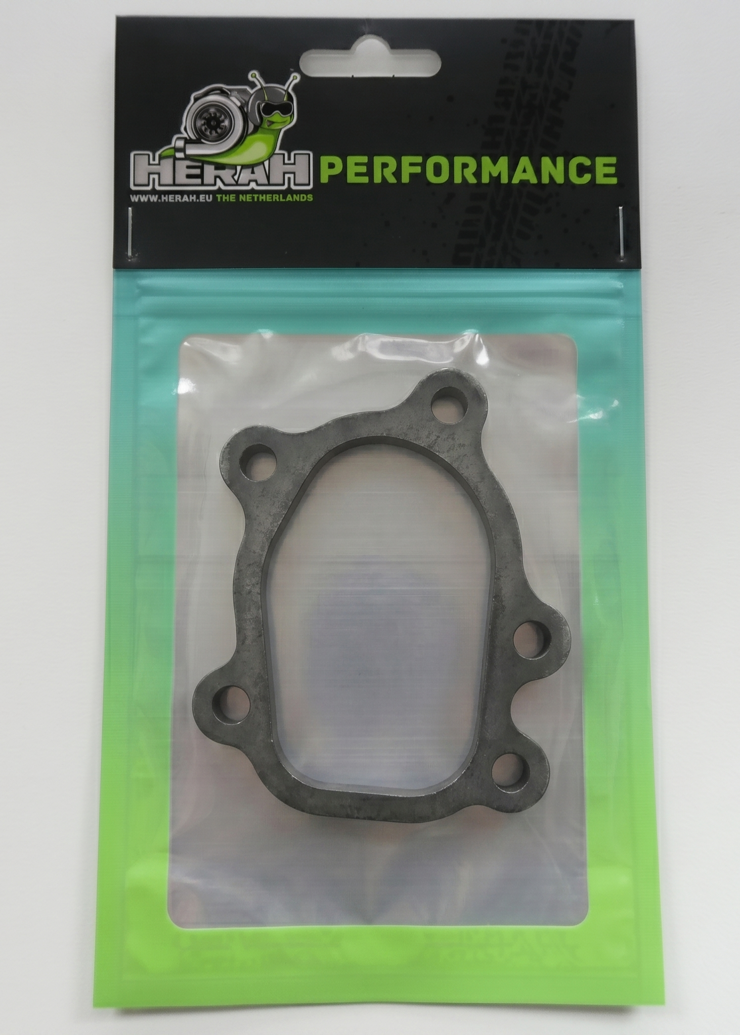 Turbo flange on a Herah Performance packaging with a clear window