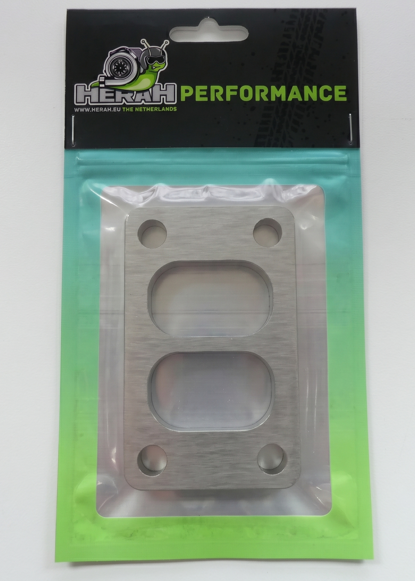 Turbo flange on a Herah Performance packaging with a clear window