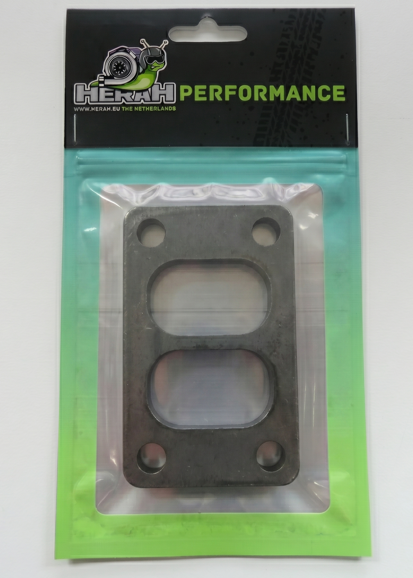 Turbo flange on a Herah Performance packaging with a clear window