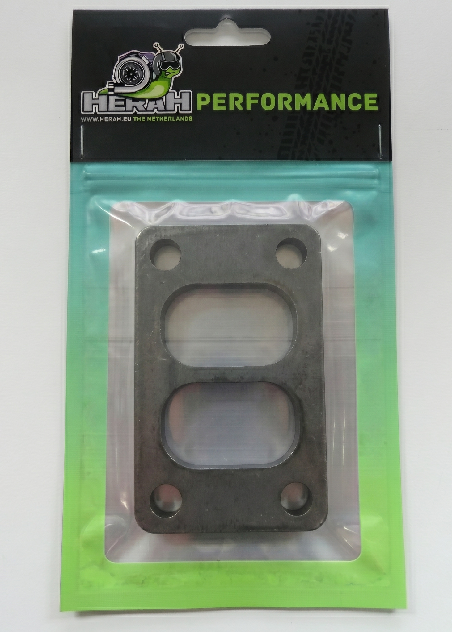 Turbo flange on a Herah Performance packaging with a clear window