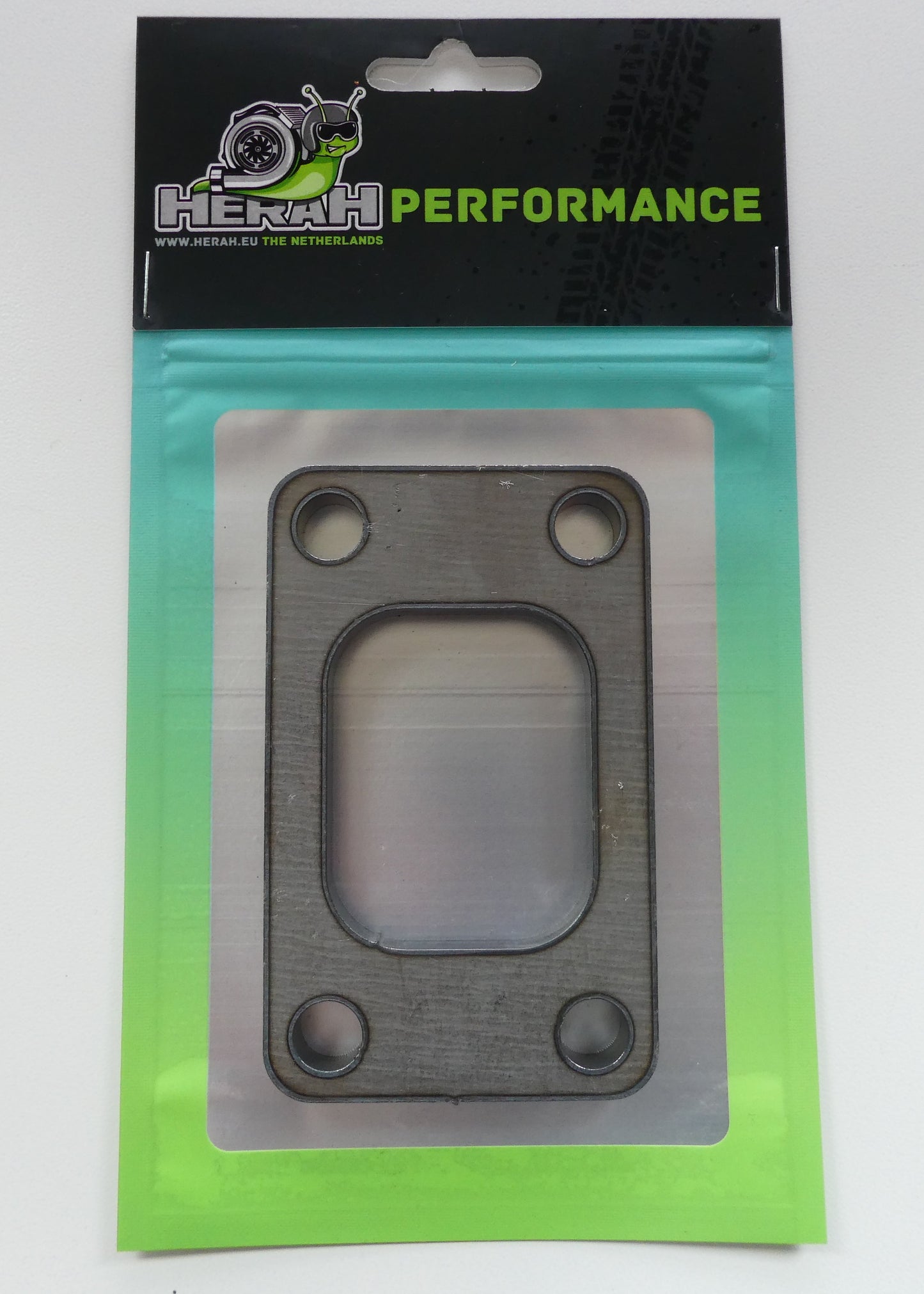 Turbo flange on a Herah Performance packaging with a clear window