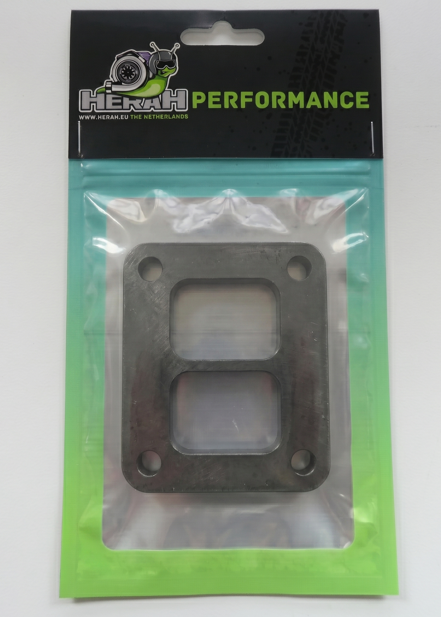 Turbo flange on a Herah Performance packaging with a clear window