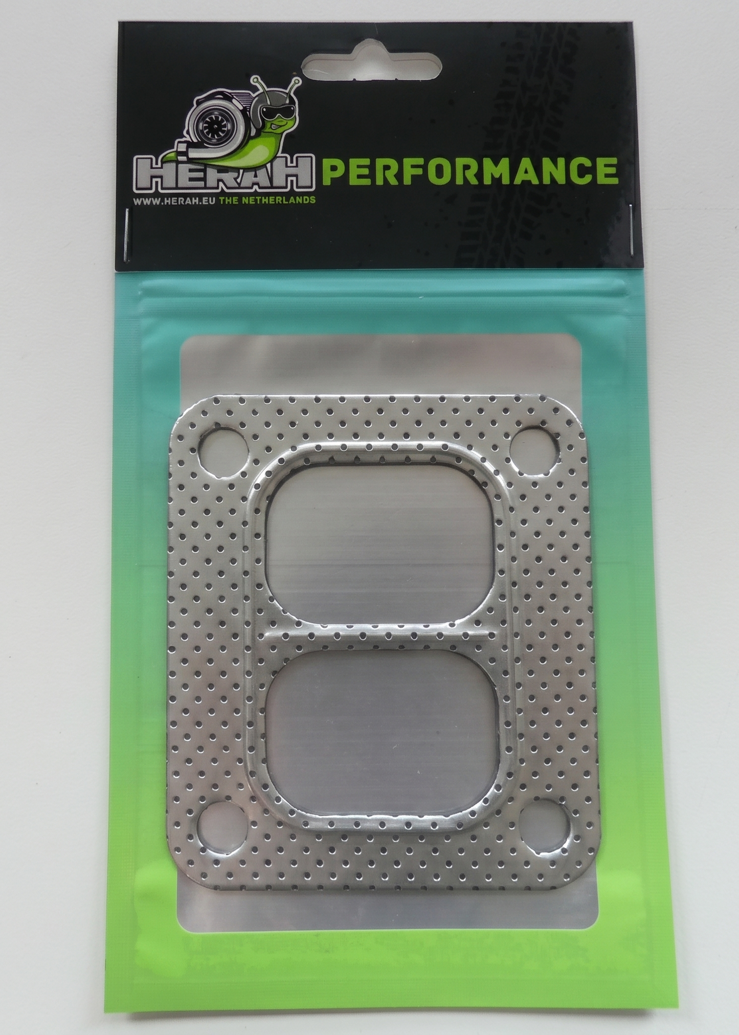 Metallic gasket on Herah Performance packaging with a gradient background