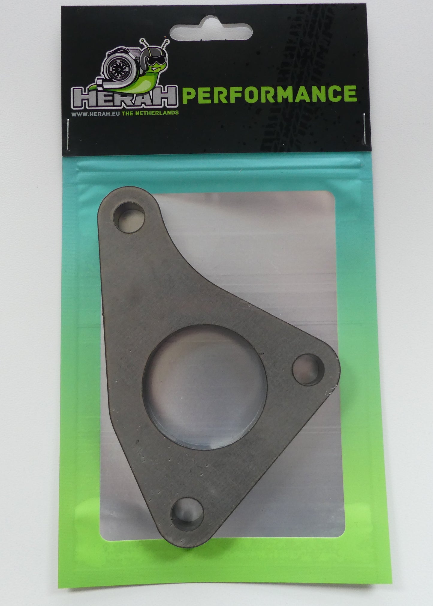 Turbo flange on a Herah Performance packaging with a clear window