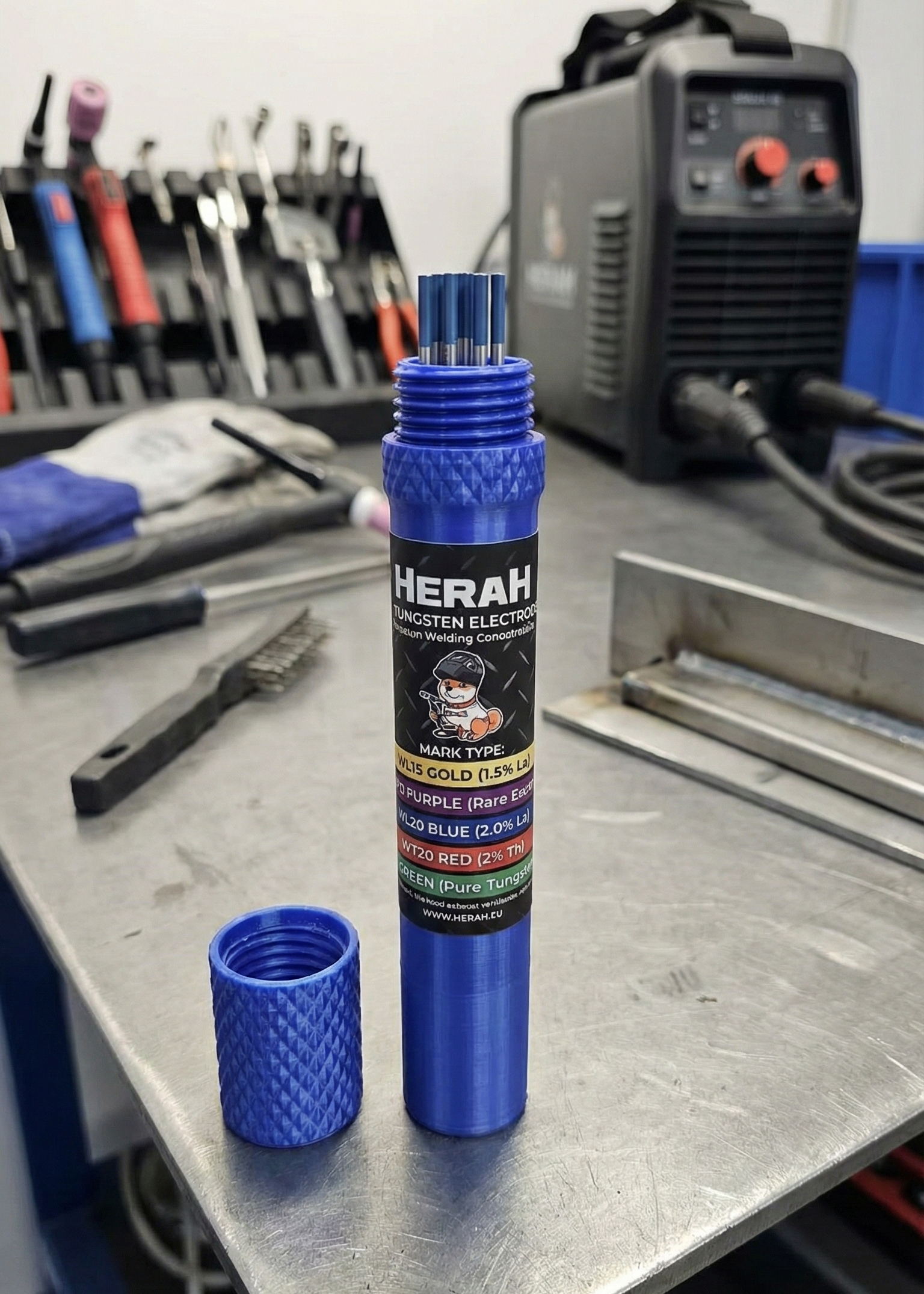 Blue cylindrical product with tig tungsten 'HERAH' branding on a workshop table.