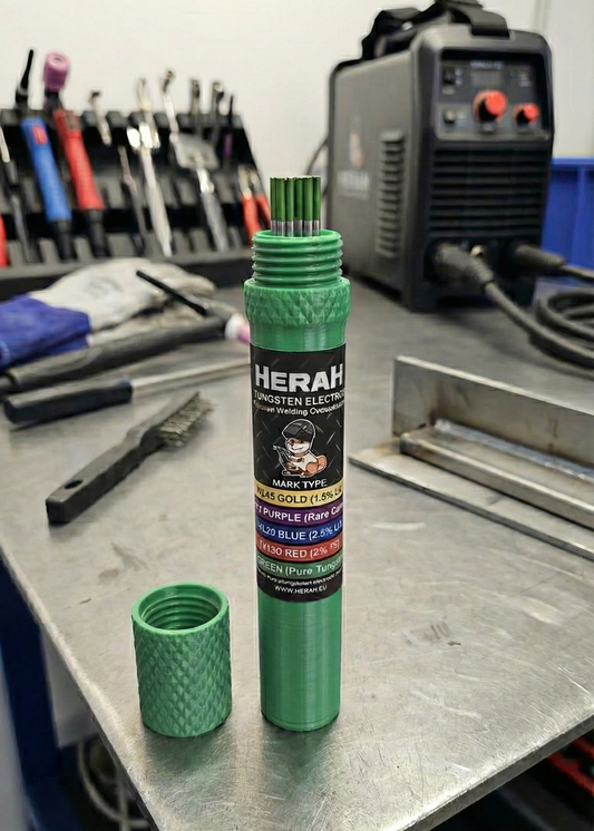 Green cylindrical product with tig tungsten 'HERAH' branding on a workshop table.