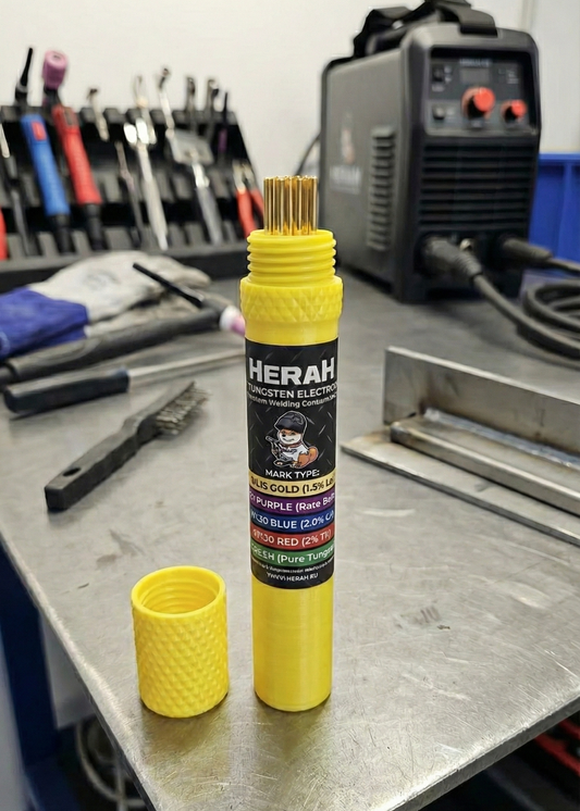 Yellow cylindrical product with tig tungsten 'HERAH' branding on a workshop table.